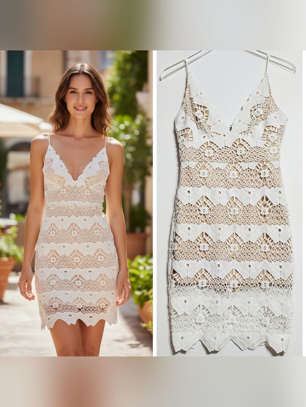 Lulus XS lovely crochet lace bodycon dress v neck white strappy stretch coastal